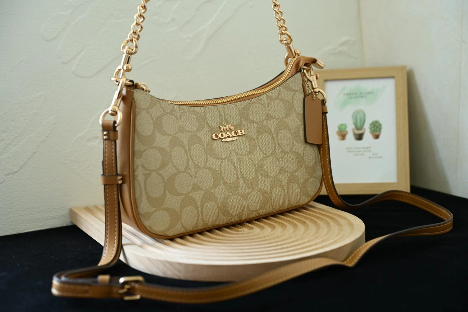 Coach Teri Beige Shoulder Bag, Jacquard Crossbody Purse, Luxury Designer Handbag