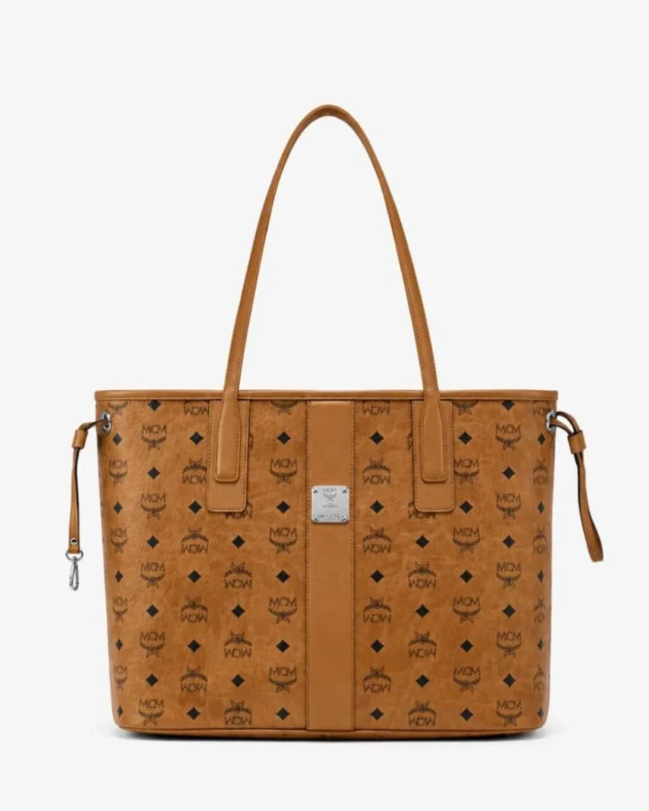MCM Monogram Leather Tote Bag, Spacious Shoulder Carryall, Elegant Brown Work Purse